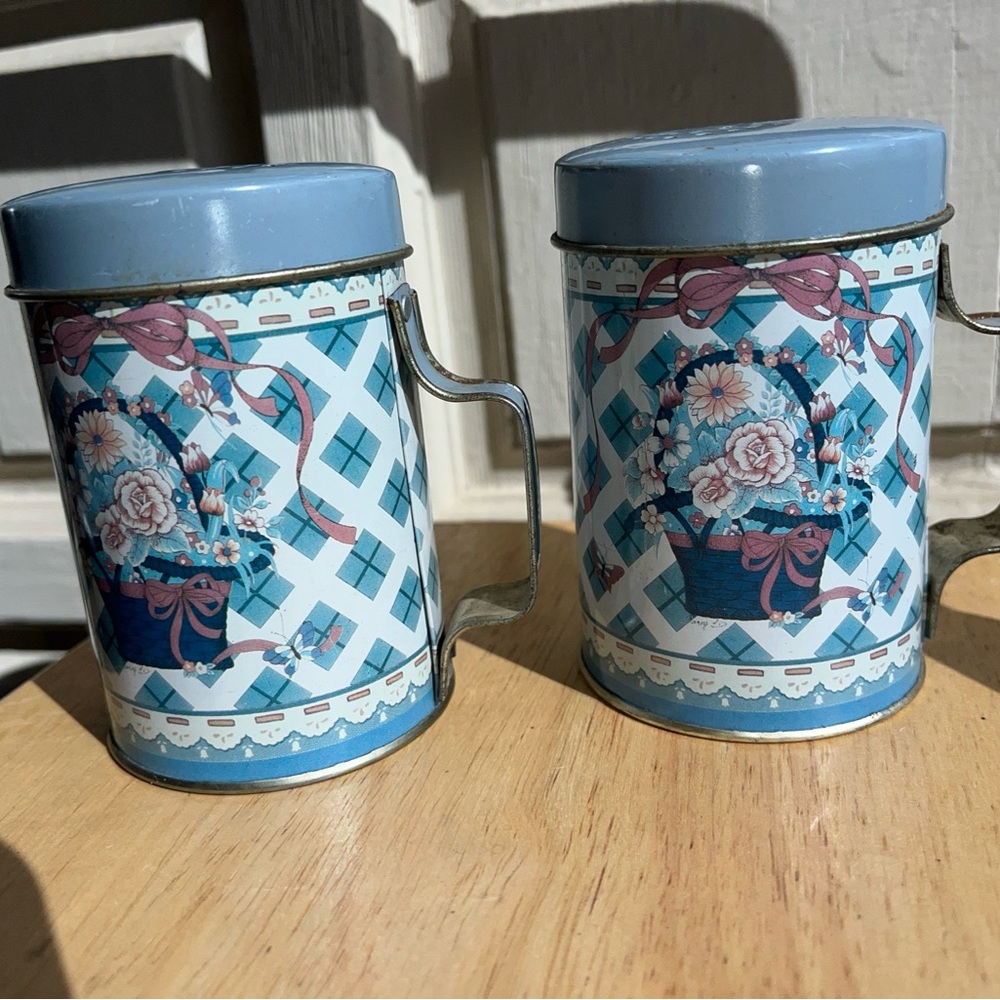 Charming Cottagecore Blue Floral Design Metal Salt & Pepper Shakers, Farmhouse